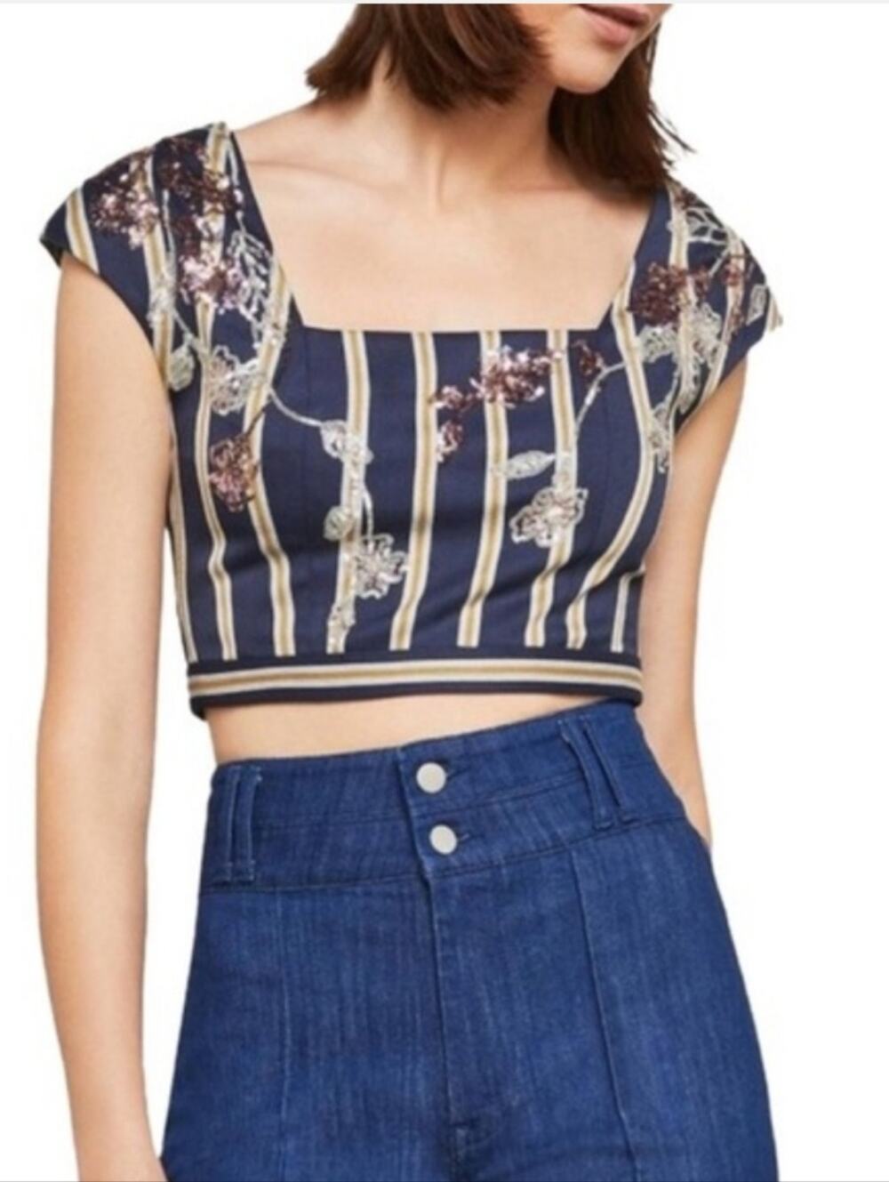 BCBG Maxazaria Striped Navy Floral Square-Neck Crop Top - Women